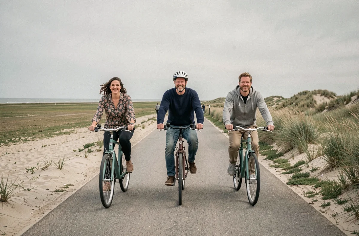 Groupe d'amis adultes faisant du vélo sans casque sur une piste côtière néerlandaise près des dunes de la mer du Nord
