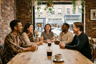Groupe multiculturel de personnes de différentes origines ethniques réunies autour d'une table dans un café urbain moderne
