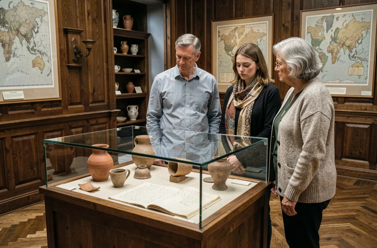 Groupe de visiteurs observant des artefacts anciens dans un musée ethnographique lors d'une expérience de tourisme culturel