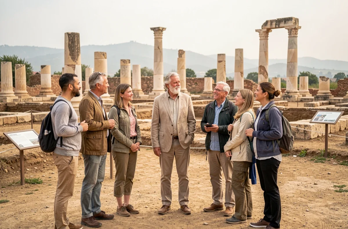 Groupe de touristes écoutant un guide expérimenté devant des ruines archéologiques antiques en plein air