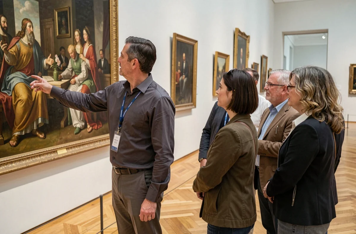 Guide de musée expliquant une peinture Renaissance à un groupe de visiteurs dans une galerie d'art