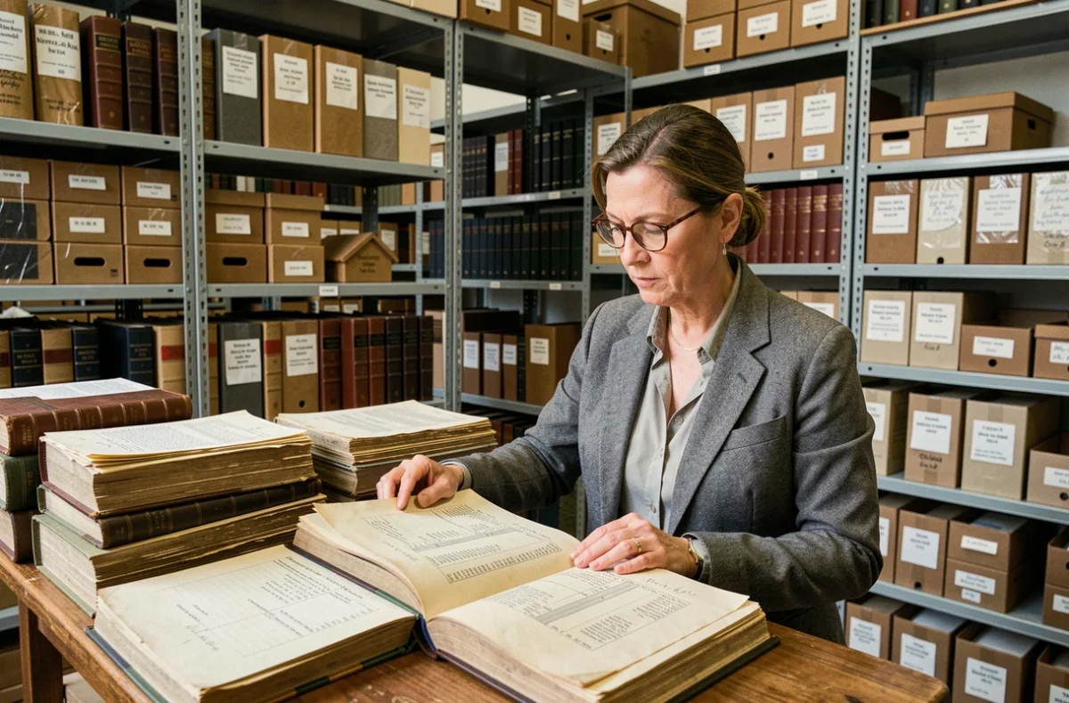 Historienne examinant des registres financiers anciens dans une salle d'archives parisienne pour reconstituer la dette d'indépendance d'Haïti