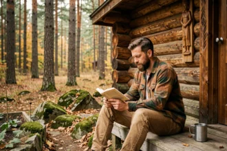 Homme barbu lisant sur le porche d'une cabane en bois dans une forêt de pins en automne