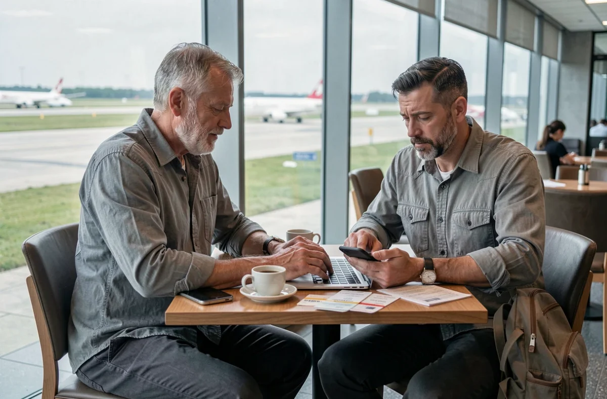 Homme comparant les prix de vols sur ordinateur et smartphone dans un café d'aéroport