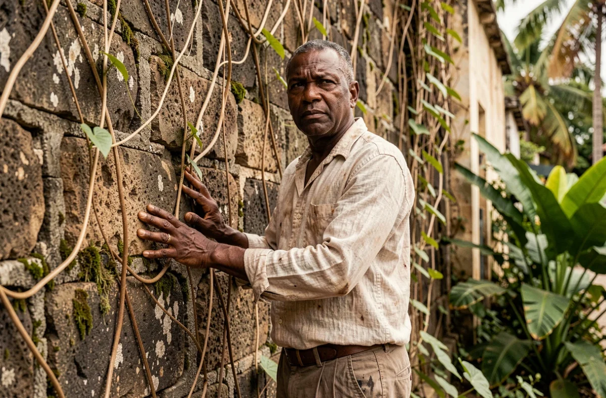Portrait d'un homme haïtien devant un mur de pierre colonial à Port-au-Prince, évoquant le poids historique de la dette d'indépendance d'Haïti