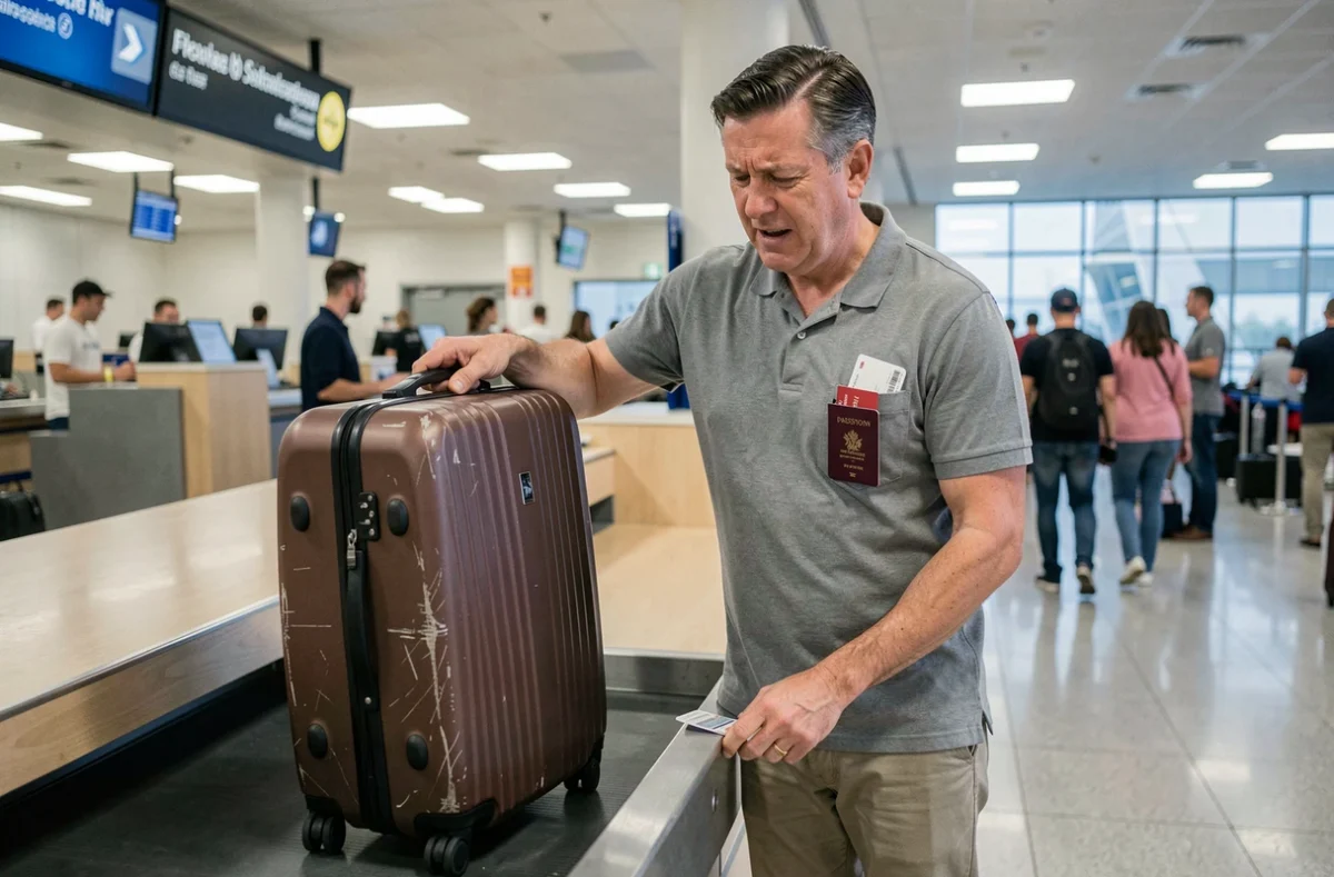 Homme soulevant une lourde valise rigide sur le tapis de pesée à l'aéroport lors du check-in