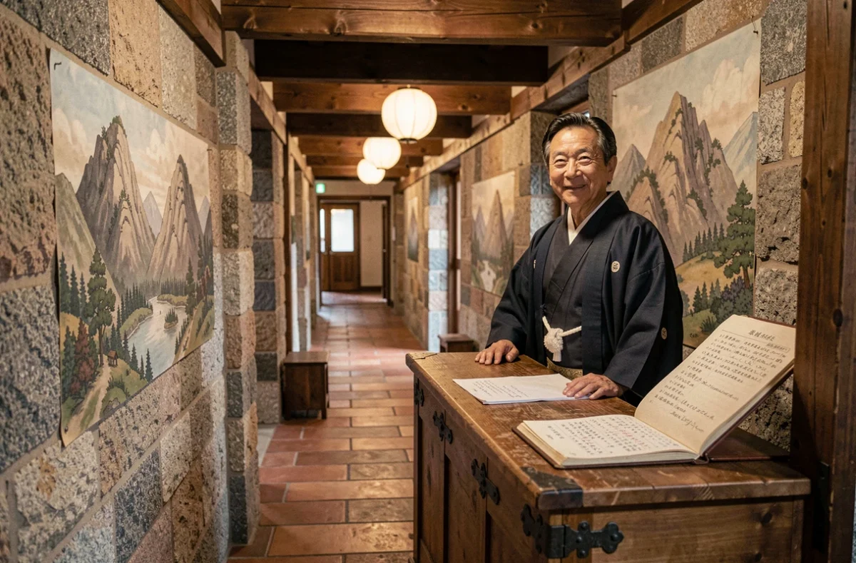 Couloir intérieur en pierre d'un ancien hôtel historique avec un homme en kimono derrière un comptoir en bois, registre de l'époque visible
