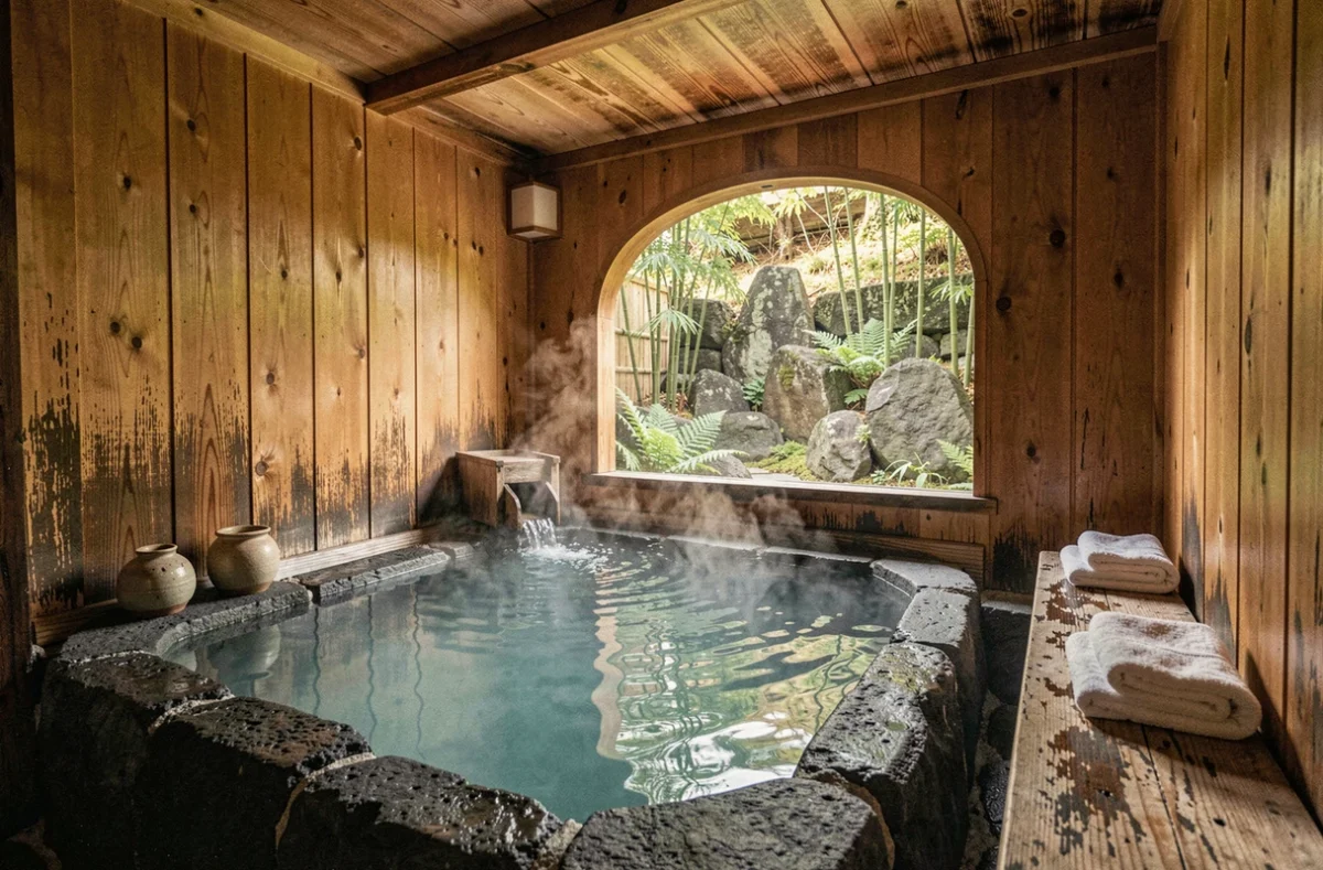 Salle de bain traditionnelle onsen dans un ryokan japonais historique, bassin en pierre volcanique et boiseries en cèdre ancienancien