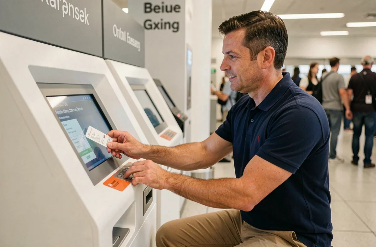 Homme utilisant une borne d'enregistrement automatique pour imprimer une carte d'embarquement à l'aéroport
