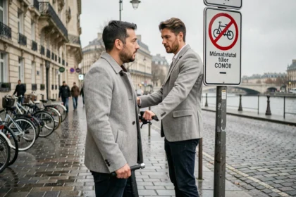 Homme examinant un panneau d'interdiction de trottinette électrique sur un trottoir parisien près de la Seine