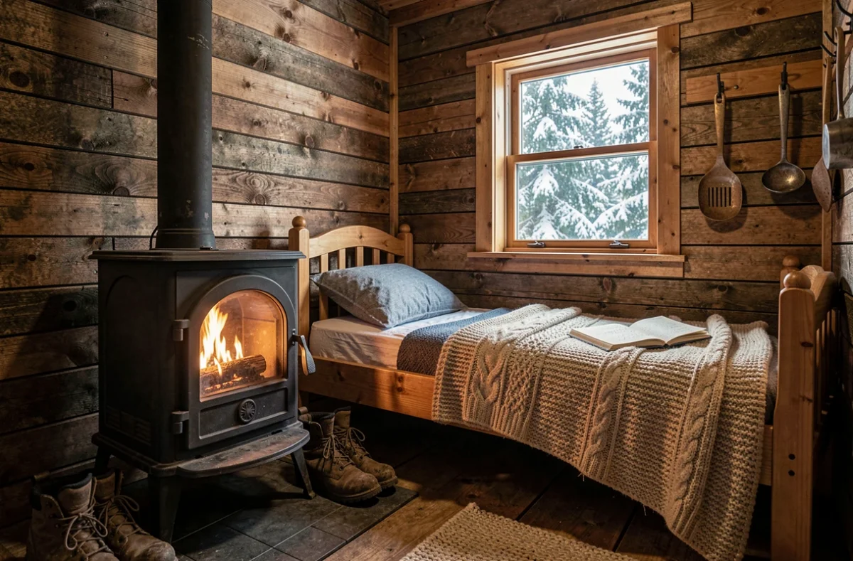Intérieur chaleureux d'une cabane en bois avec poêle à bois et vue sur forêt enneigée