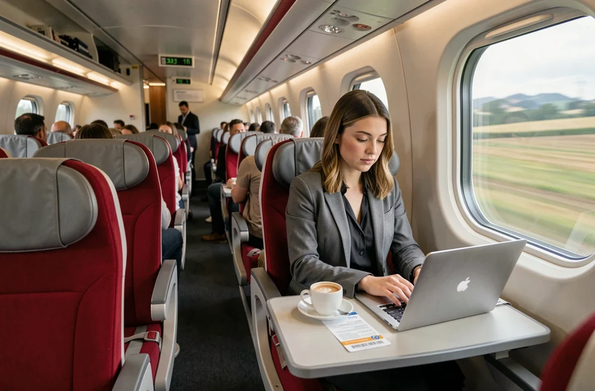 Intérieur de la première classe Thalys avec une voyageuse travaillant sur son ordinateur portable