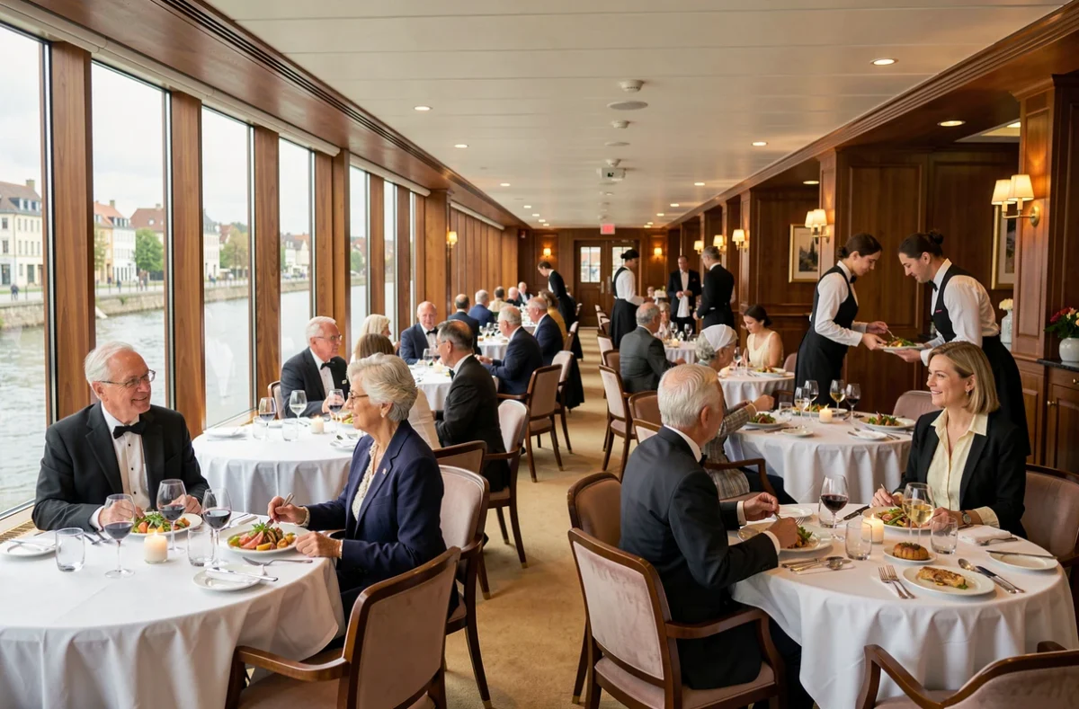 Salle à manger luxueuse d'un bateau Viking Cruises avec passagers élégants et service raffiné