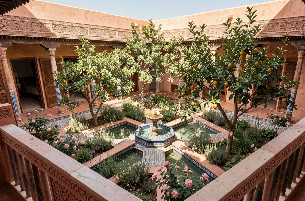 Jardin intérieur d'un riad marocain traditionnel vu depuis la galerie du premier étage avec fontaine centrale et plantation géométrique