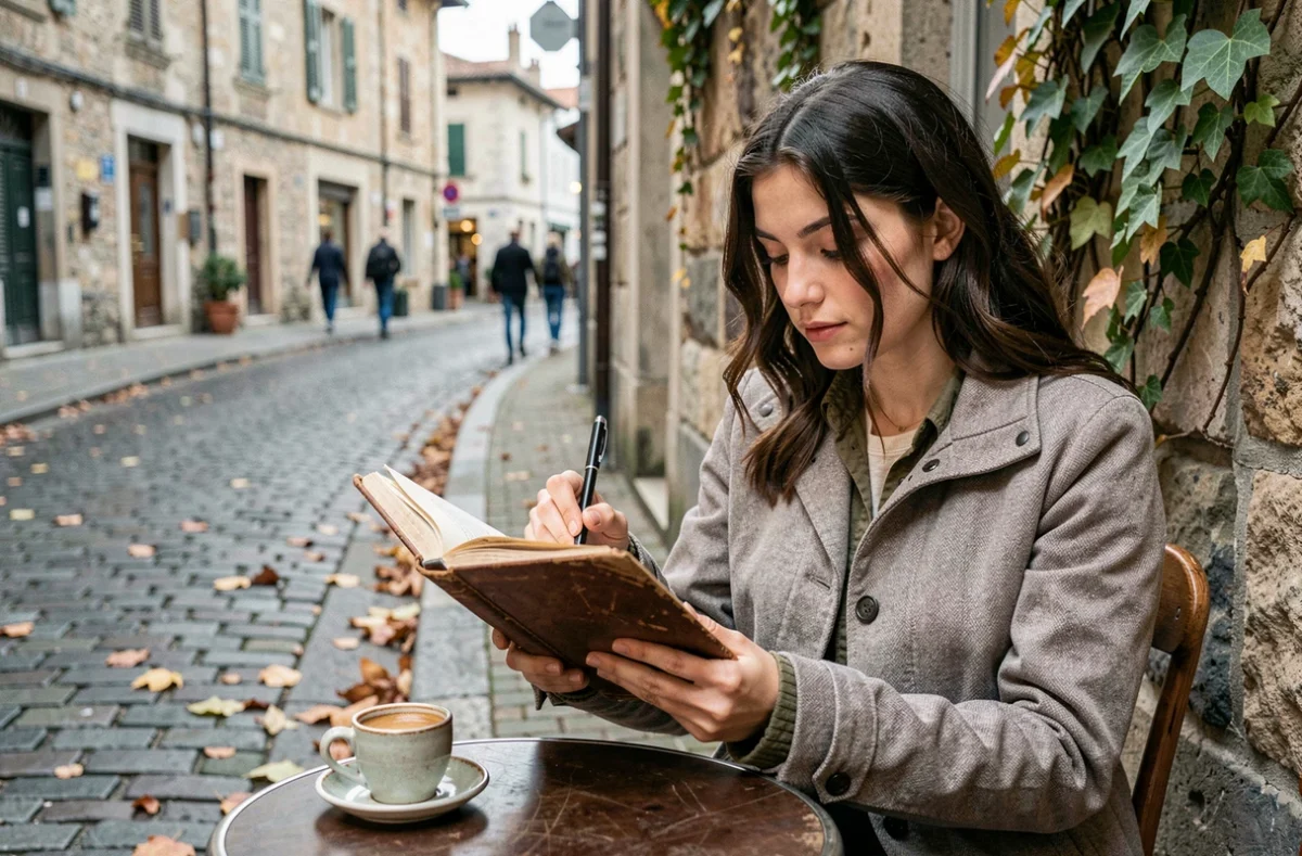 Jeune femme écrivant dans un journal de voyage dans une rue pavée européenne, symbole d'introspection et de croissance personnelle