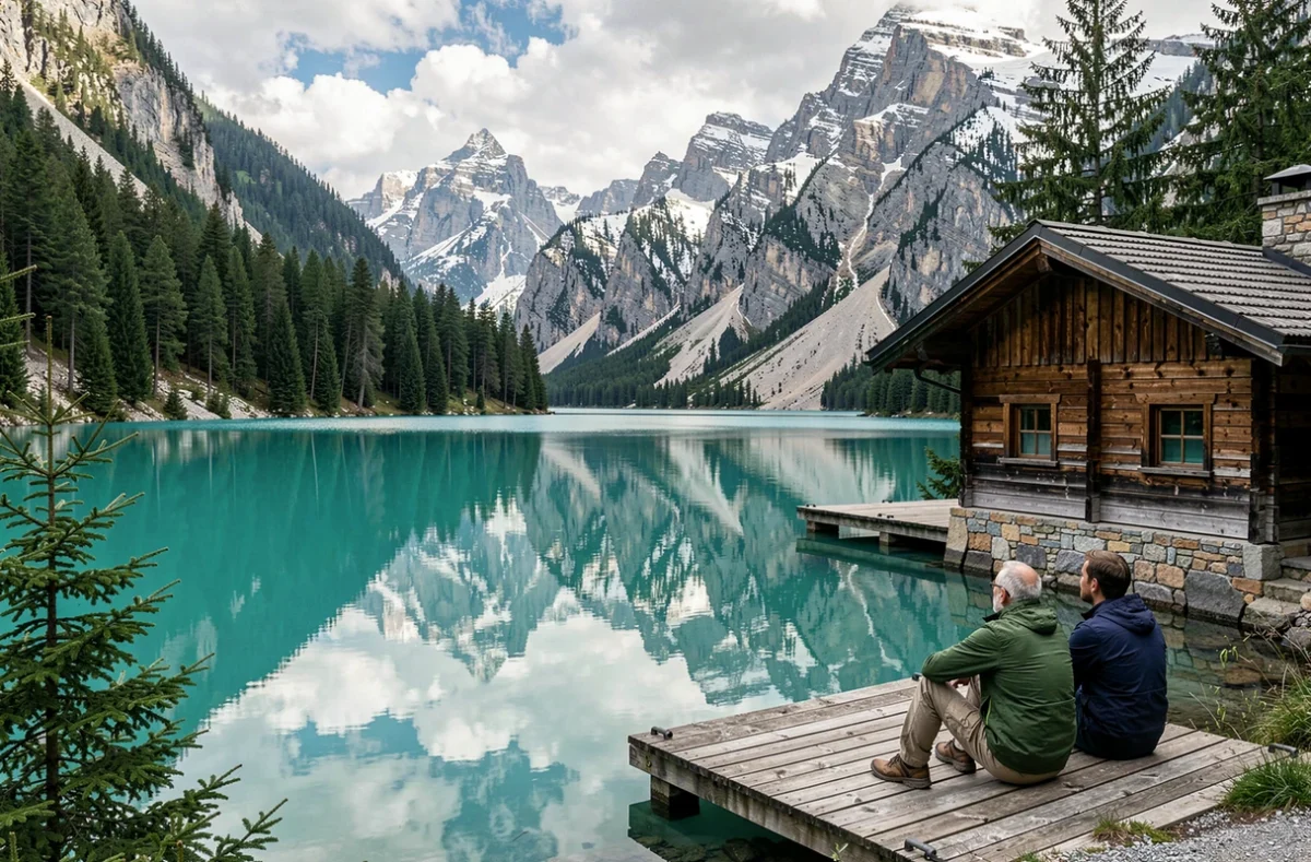Lac glaciaire turquoise au cœur d'une vallée alpine entouré de forêts de pins et de sommets enneigés