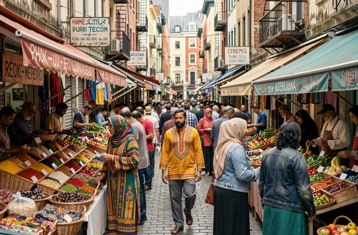 Marché international animé avec des vendeurs et acheteurs de nombreuses origines culturelles différentes dans un quartier cosmopolite