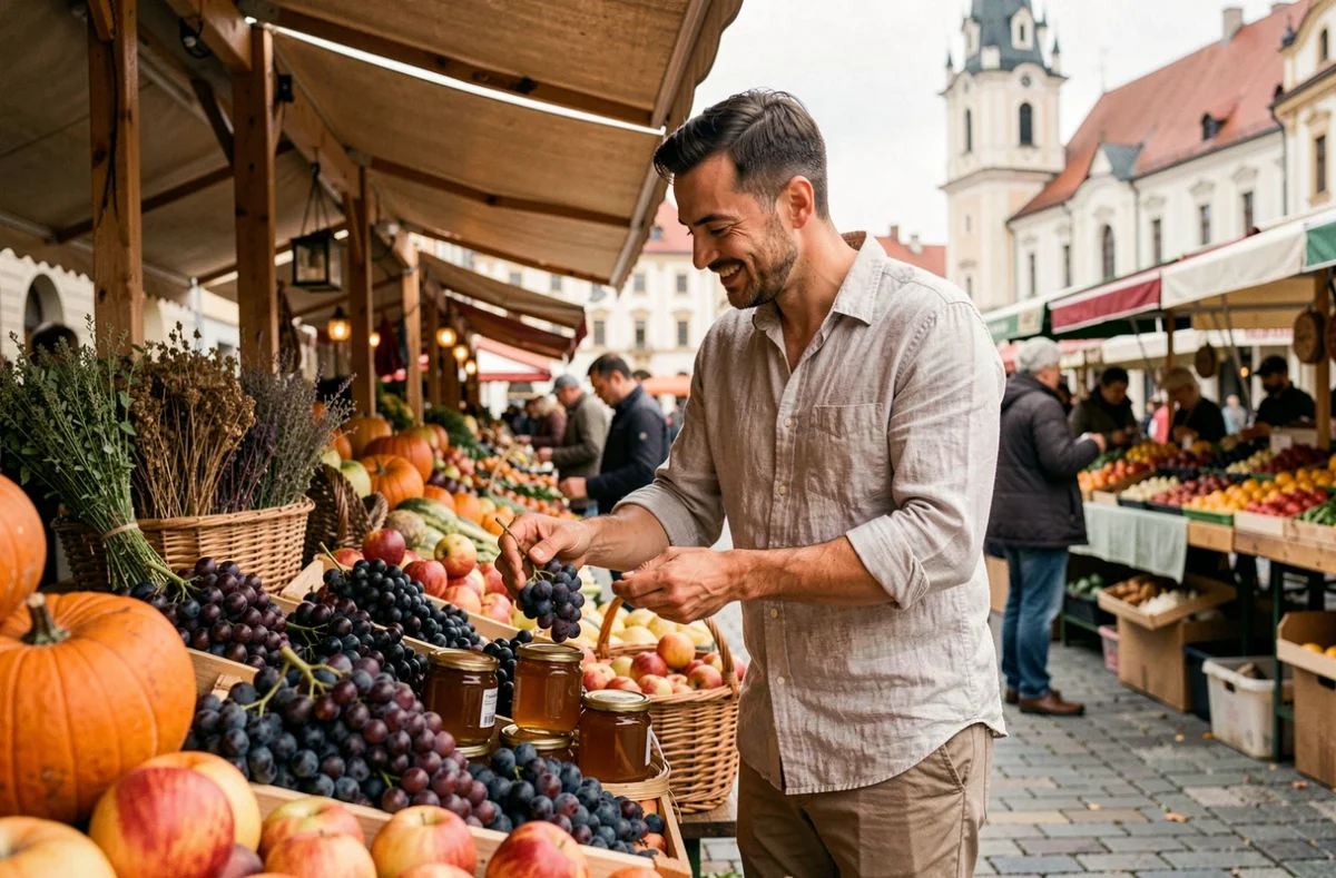 Jeune homme au marché en plein air de Maribor choisissant des raisins de Styrie, illustration de la culture locale et du mode de vie en Slovénie