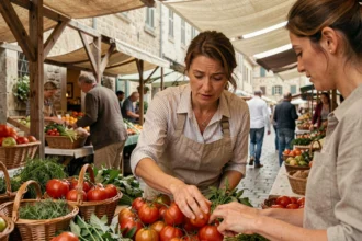 Femme explorant un marché de producteurs locaux lors d'un voyage gastronomique en Europe