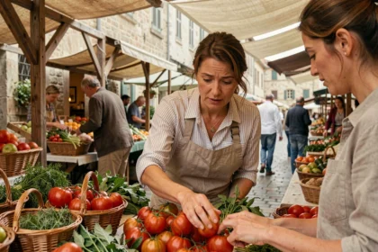 Femme explorant un marché de producteurs locaux lors d'un voyage gastronomique en Europe
