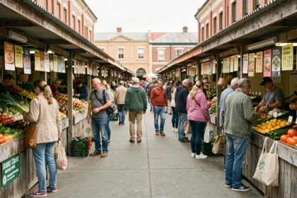 Marché de rue animé à Adélaïde en Australie avec des habitants faisant leurs courses parmi des étals de produits frais abordables