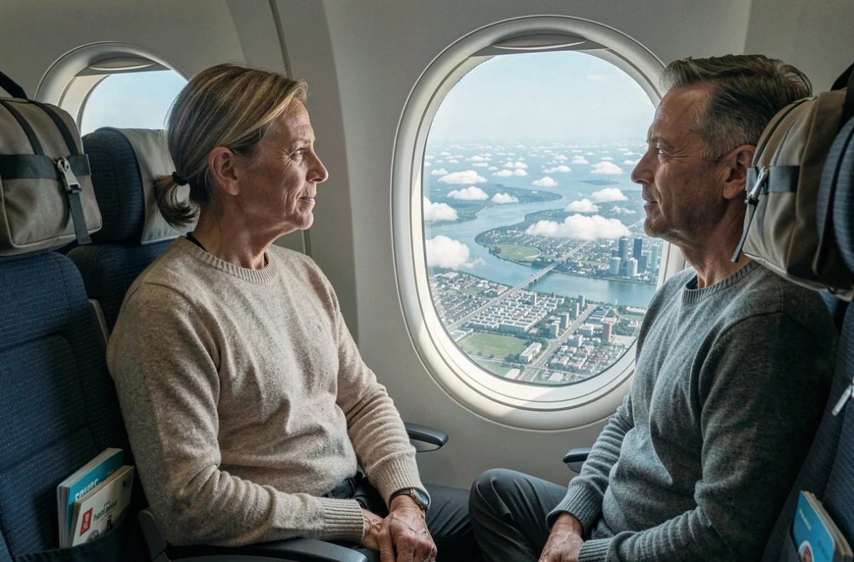 Couple de touristes adultes regardant par le hublot d'un avion commercial avec vue aérienne sur une ville côtière, illustrant les mobilités touristiques aériennes