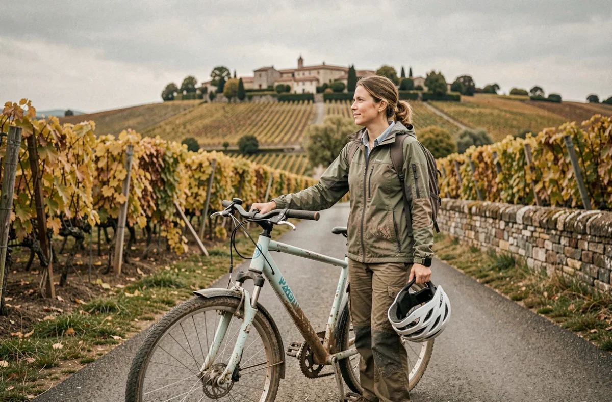 Femme touriste à vélo sur une route de campagne viticole en France, représentant la mobilité douce et le tourisme rural à vélo