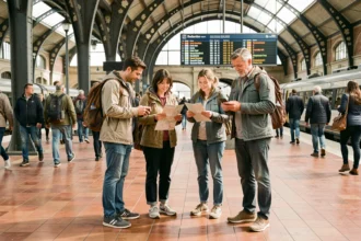 Groupe de touristes adultes consultant des cartes dans une grande gare ferroviaire européenne, illustrant les mobilités touristiques en transport en commun