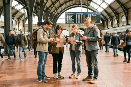 Groupe de touristes adultes consultant des cartes dans une grande gare ferroviaire européenne, illustrant les mobilités touristiques en transport en commun