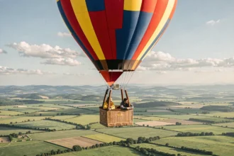 Montgolfière colorée montant en altitude au-dessus d'une vallée verdoyante avec des passagers observant le paysage
