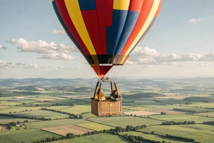 Montgolfière colorée montant en altitude au-dessus d'une vallée verdoyante avec des passagers observant le paysage