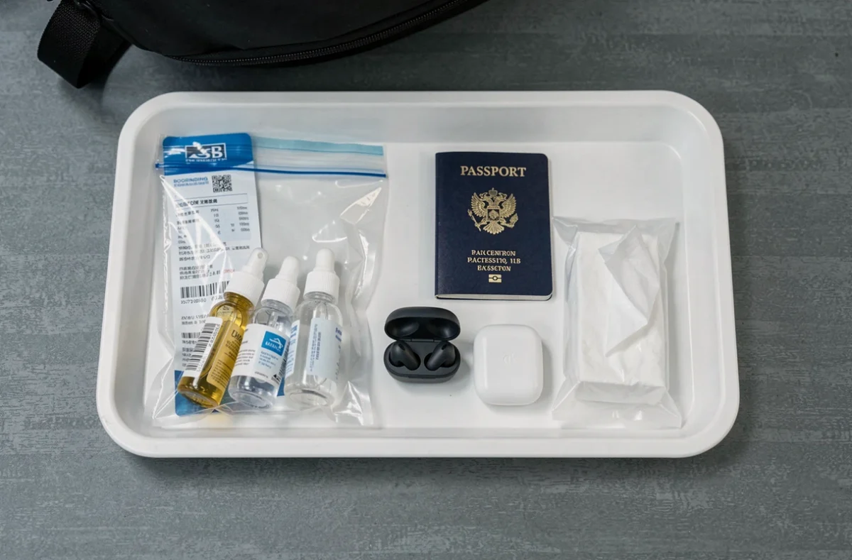 Vue aérienne des objets autorisés dans un sac à dos en cabine posés dans un bac de sécurité aéroport