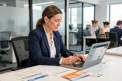Responsable des voyages d'affaires en entreprise organisant des déplacements professionnels à son bureau