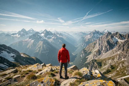 Randonneur contemplant un panorama alpin majestueux depuis une crête enneigée dans les Alpes