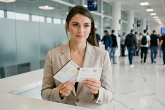 Femme tenant un passeport et une carte d'embarquement au comptoir d'enregistrement d'un aéroport international