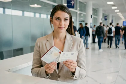 Femme tenant un passeport et une carte d'embarquement au comptoir d'enregistrement d'un aéroport international