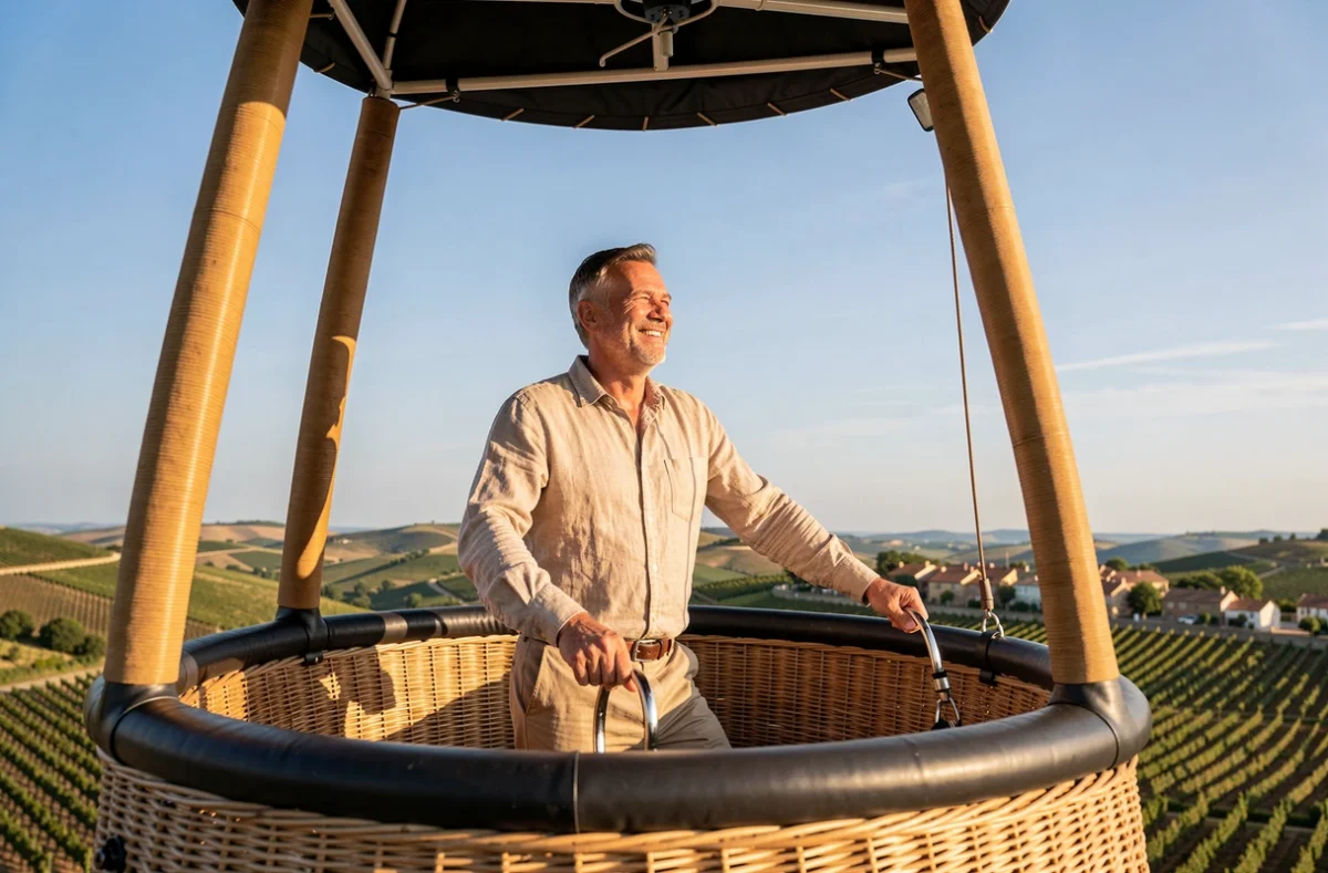 Passager souriant dans la nacelle d'une montgolfière survolant un vignoble