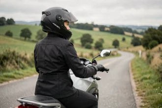 Passagère détendue en moto sur une route de campagne avec équipement complet et posture confiante