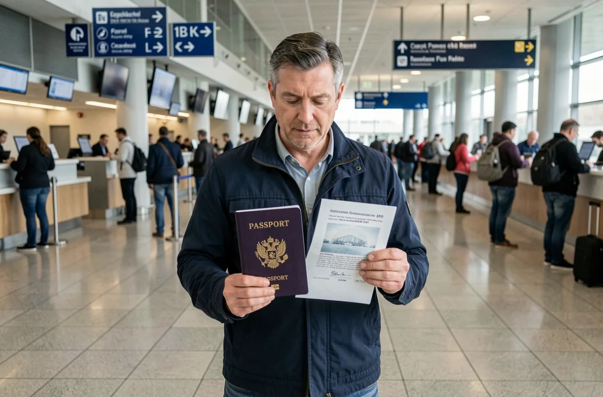 Homme comparant son passeport original et sa photocopie à un comptoir d'enregistrement d'aéroport