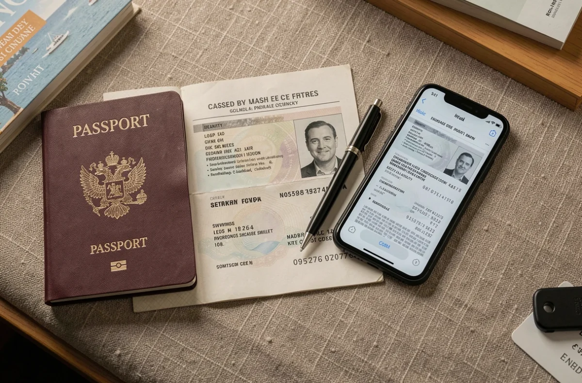 Vue de dessus d'un passeport original, d'une photocopie et d'un scan numérique sur un bureau de chambre d'hôtel