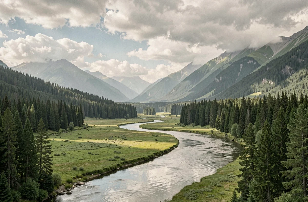 Paysage terrestre verdoyant avec rivière symbolisant les conditions favorables à la vie sur une planète habitable