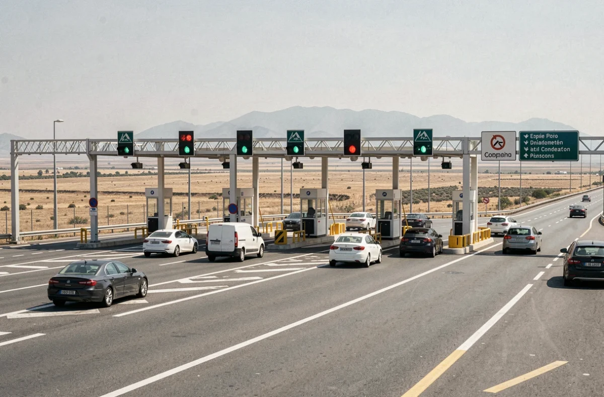 Péage autoroutier espagnol avec files de voitures sous des portiques de signalisation, paysage aride en arrière-plan