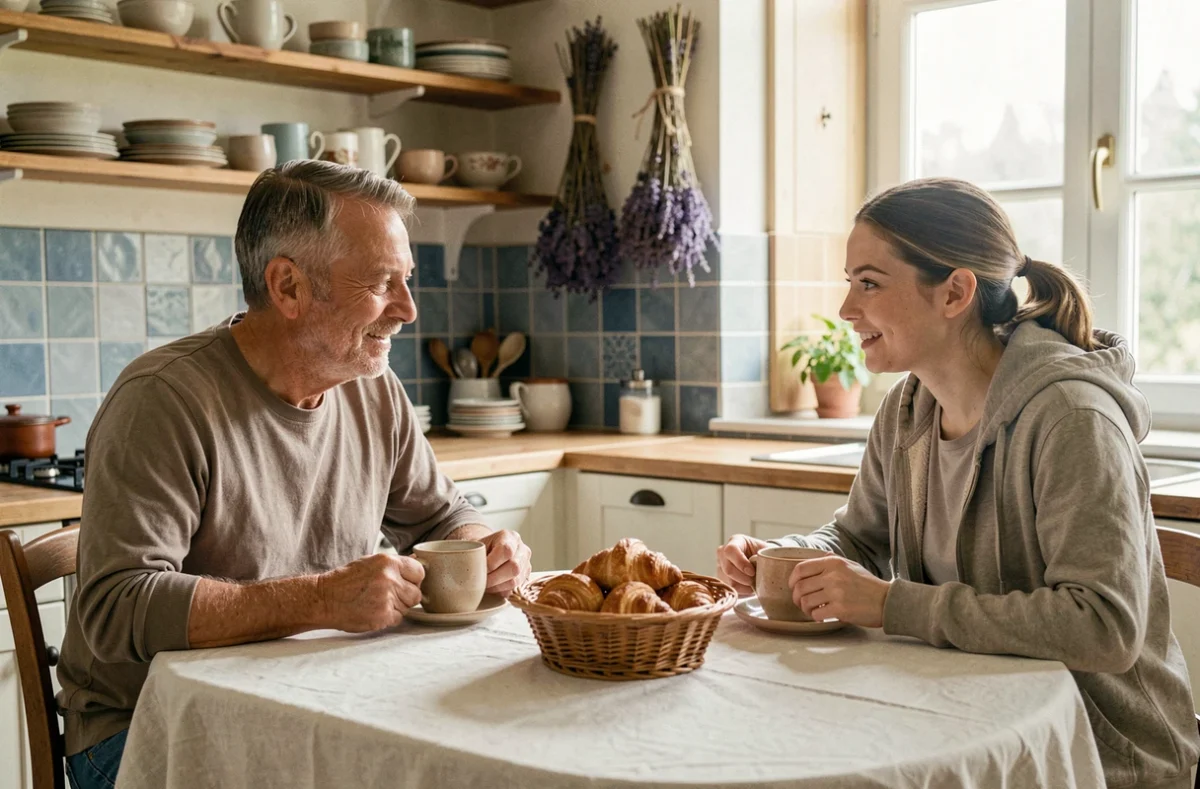 Hôte et voyageuse partageant un petit-déjeuner ensemble dans une maison chez l'habitant