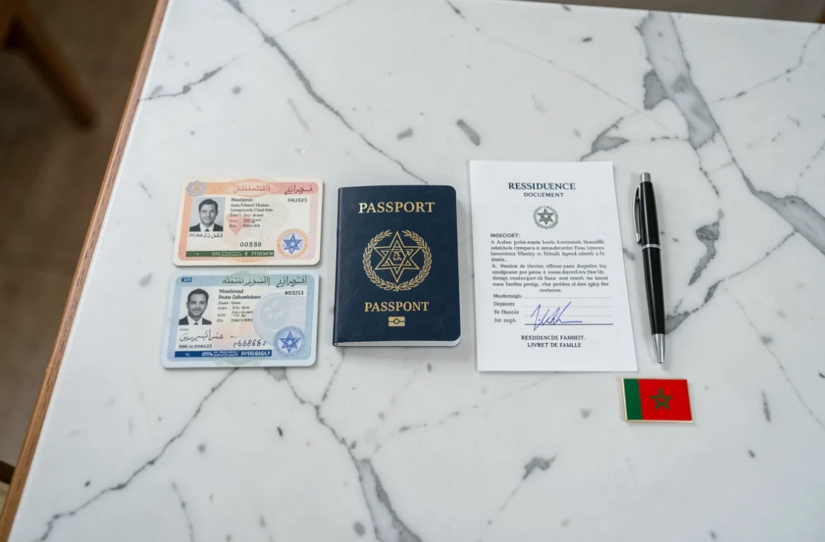 Vue aérienne des pièces d'identité officielles marocaines : carte nationale, passeport et livret de famille