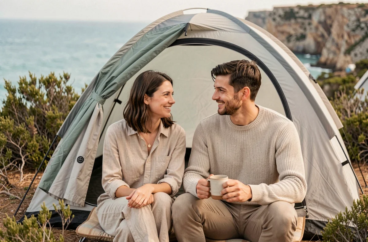 Couple profitant d'un moment de détente devant leur tente dans un camping en bord de mer en Europe