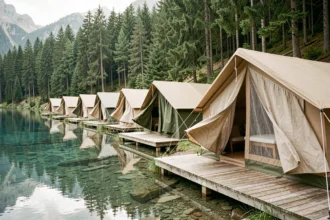 Camping de luxe en pleine forêt alpine au bord d'un lac européen avec tentes glamping en toile et terrasses en bois