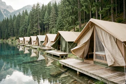 Camping de luxe en pleine forêt alpine au bord d'un lac européen avec tentes glamping en toile et terrasses en bois