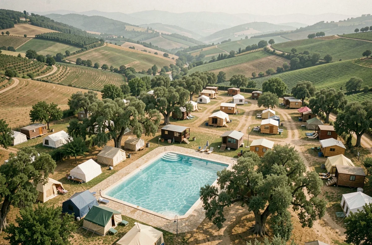 Vue panoramique d'un grand camping européen en vallée verdoyante avec piscine naturelle et hébergements variés