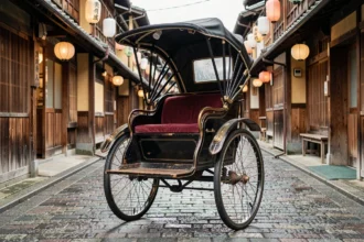 Pousse-pousse traditionnel japonais jinrikisha en bois laqué noir garé dans une ruelle historique de Kyoto avec des maisons machiya en bois et des lanternes en papier