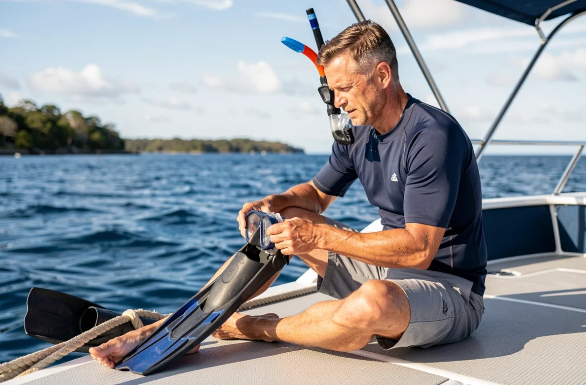 Homme préparant son équipement de plongée avec tuba sur un bateau d'excursion près de Cairns avant de plonger dans la Grande Barrière de Corail